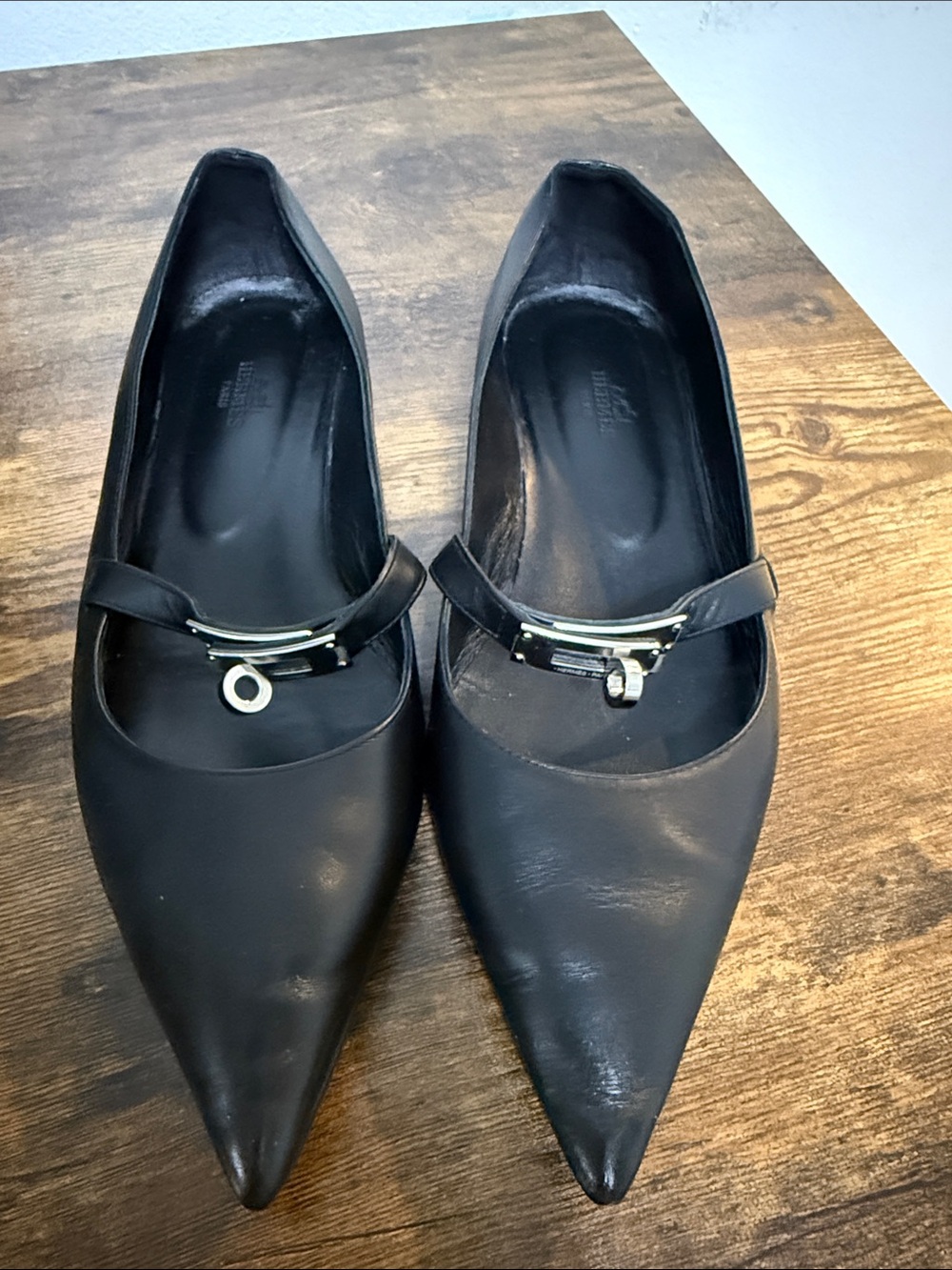 Hermes Black Pointed-Toe Mary Jane Flats with Silver Hardware